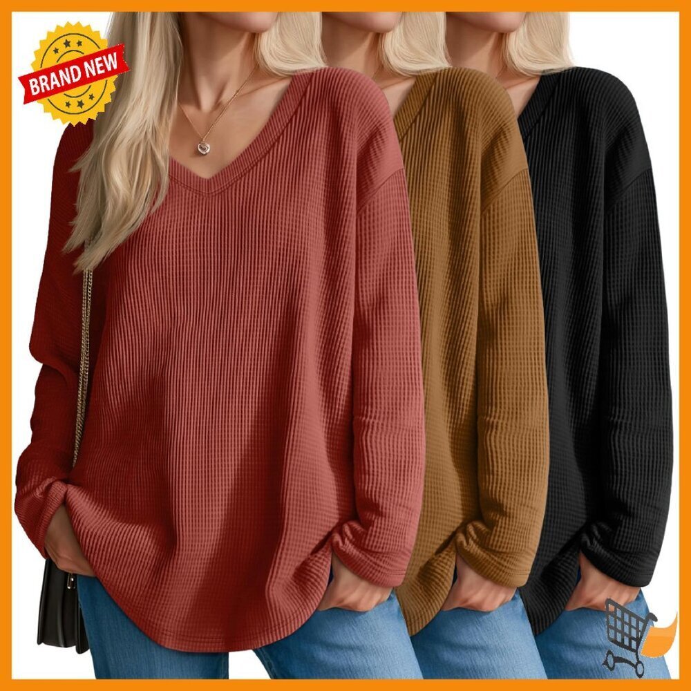 Oversized Waffle Knit Long Sleeve V-Neck Sweatshirt - 3 Pack